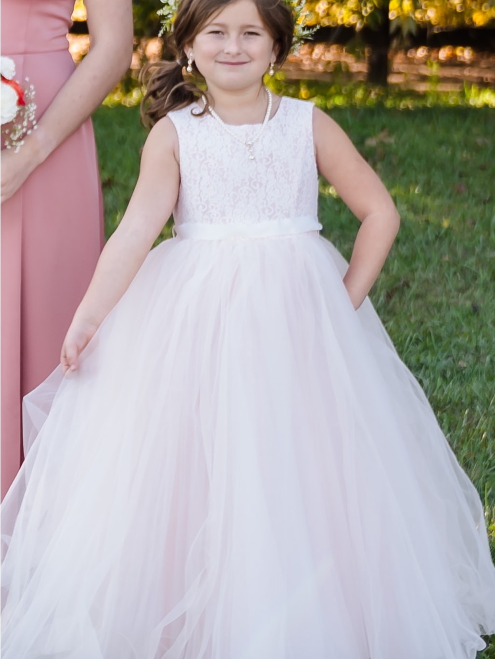 BED|STU Pink Lace Bodice Cream Tulle Heart-Back Flower Girl Dress - Picture 15 of 15